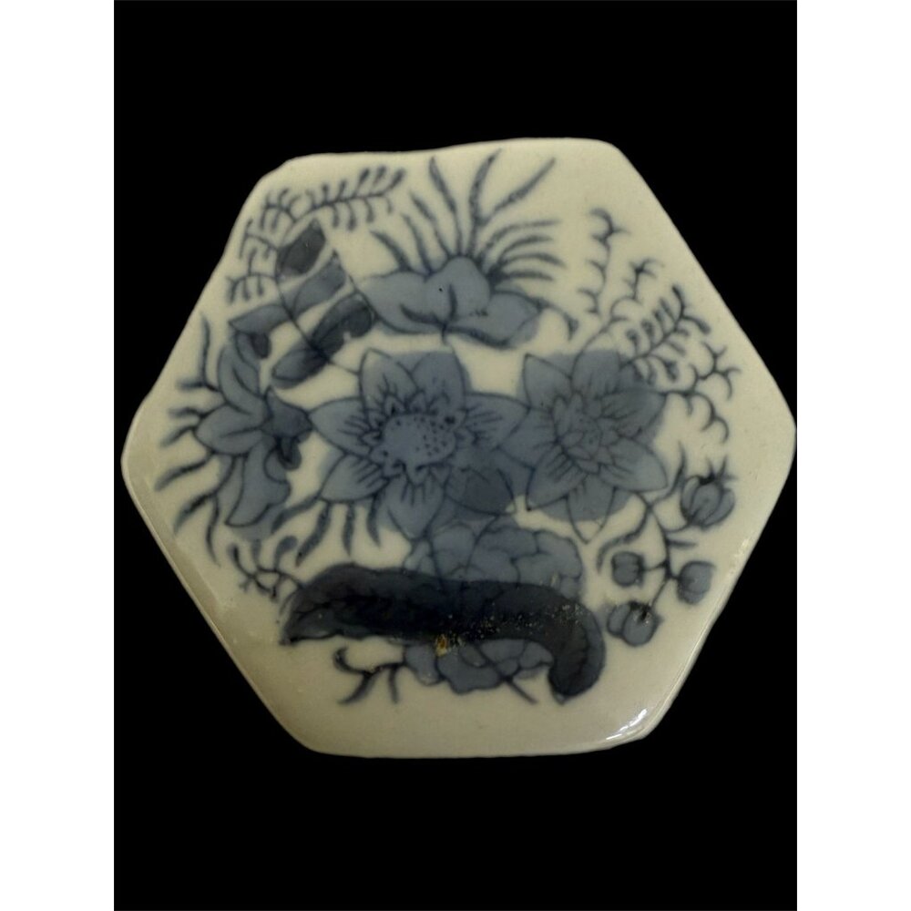 Asian Hexagonal Blue & White Porcelain Trinket Box Vintage